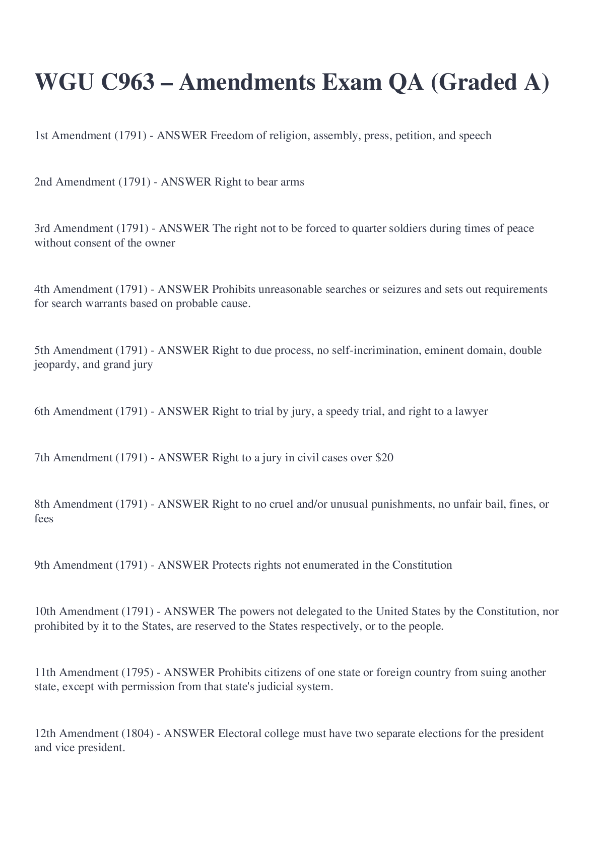 Preview image for WGU C963 – Amendments Exam QA (Graded A)